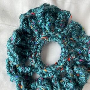 Crocheted Teal with Speckled Colors Scrunchie Handmade